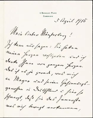 Francke, Kuno, 1855-1930 autograph letter signed to Hugo Münsterberg, Cambridge, Mass., 5 April 1915
