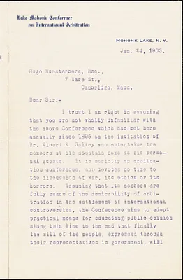 Phillips, H. C. fl. 1903 typed letter signed to Hugo Münsterberg, Mohonk Lake, N.Y., 24 January 1903