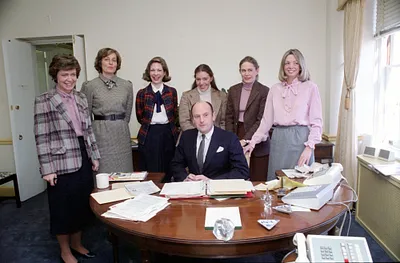Group photo of First Lady staff in East Wing, Peter McCoy, Sheila Patton Tate, Mabel (Muffie) Brandon, Linda Faulkner, Nina Wormser, Ann Wrobleski and Barbara Cook