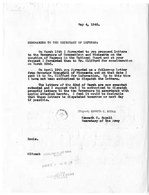 Memorandum from Secretary of the Army Kenneth Royall to Secretary of Defense James Forrestal, with Attachments