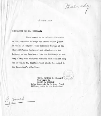 Memorandum from Major General Harry Vaughan to Matthew Connelly
