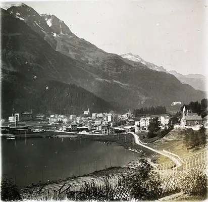 Scenic Landscape of St. Moritz featuring St. Karl Church, 1910