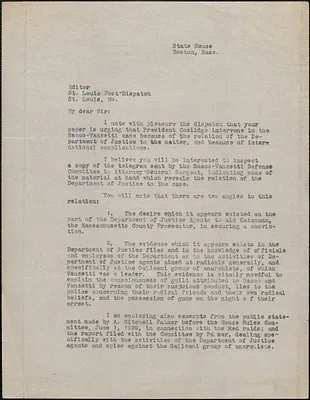 [Thomas O'Connor, Citizens National Committee for Sacco and Vanzetti] typed letter (copy) to Editor, St. Louis Post-Dispatch, Boston, Mass., [August 1927?]