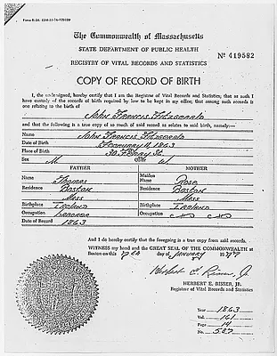 John Francis Fitzgerald Record of Birth