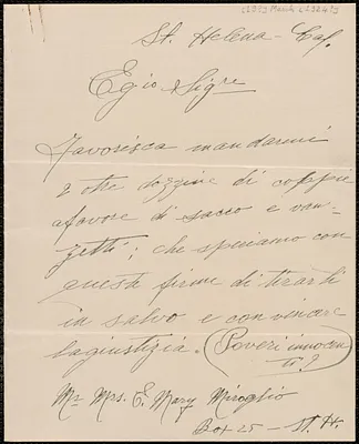 E. Mary Miroglio autograph note signed, in Italian, to Sacco-Vanzetti Defense Committee, St. Helena, Calif., March 19, 1924