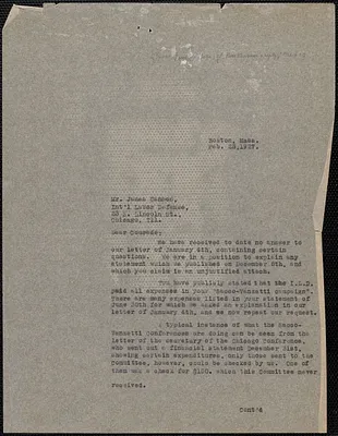 Sacco-Vanzetti Defense Committee typed letter (copy) to James P. Cannon (International Labor Defense), February 25, 1927