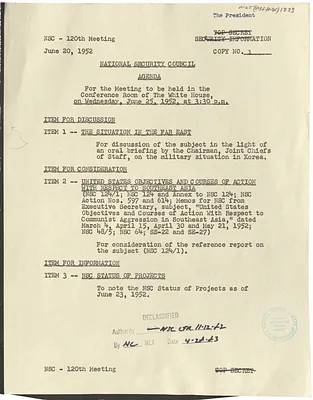 Agenda for the One Hundred and Twentieth Meeting of the National Security Council