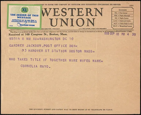 Cornelia Mayo telegram to Gardner Jackson, Washington, D. C., September 10, 1930