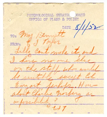 Handwritten Note to Maj. Bennett from E. J. Taylor, with Attachments