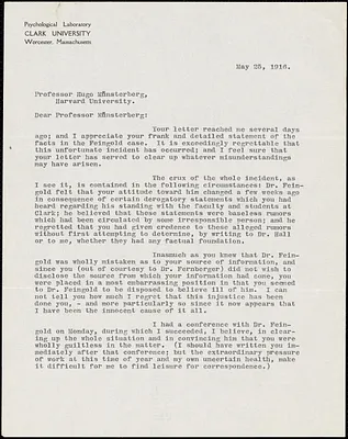Baird, John Wallace, 1869-1919 typed letter signed to Hugo Münsterberg, Worcester, Mass., 25 May 1916