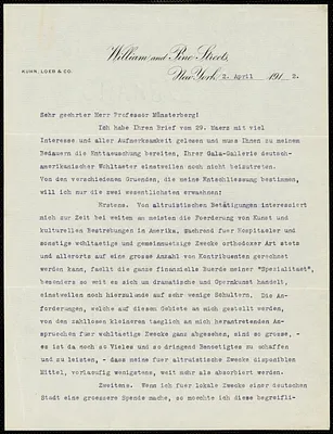 Kahn, Otto Hermann, 1867-1934 typed letter signed to Hugo Münsterberg, New York, 2 April 1912