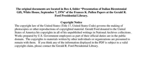 1976/09/07 - Presentation of Italian Bicentennial Gift, White House