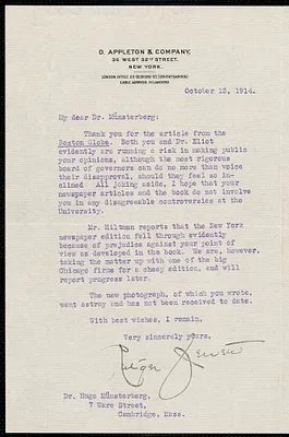 Jewett, Rutger B. autograph letter signed to Hugo Münsterberg, New York, 13 October 1914