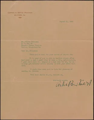 Cornelia B. Pinchot typed letter signed to Aldino Felicani, Milford, Pa., August 11, 1933