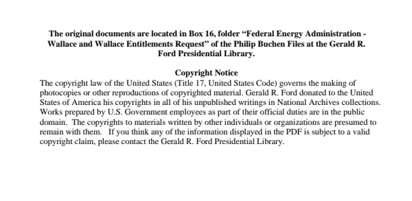 Federal Energy Administration - Wallace and Wallace Entitlements Request
