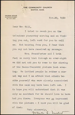 Gertrude L. Winslow (The Community Church) typed letter signed to [Creighton J.] Hill, Boston, Mass., November 20, 1930