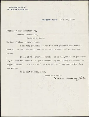 Butler, Nicholas Murray, 1862-1947 typed letter signed to Hugo Münsterberg, New York, 11 January 1902