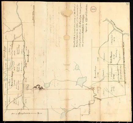 Plan of five townships granted to Bowdoin College (Abbot, Dixmont, Foxcroft, Guilford, Sebec) and of the six adjacent townships (Troy, Etna, Carmel, Hermon, Newburg, Hampden). Surveyor's name not given, dated 1794-5.