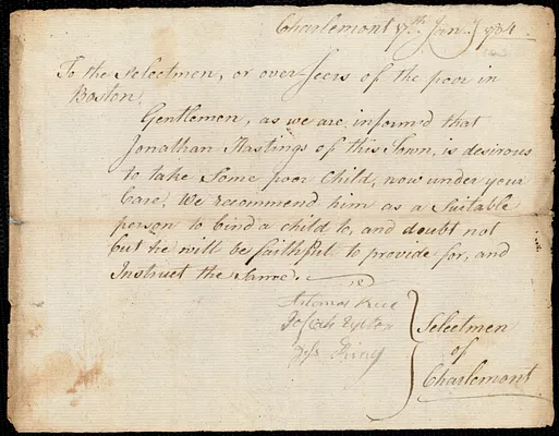 Mary Hinds indentured to apprentice with Jonathan Hastings of Charlemont, 2 February 1784