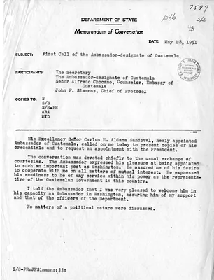 Memorandum of Conversation with Secretary of State Dean Acheson, Ambassador of Guatemala Carlos H. Aldana Sandoval, Alfredo Chocano, and John F. Simmons