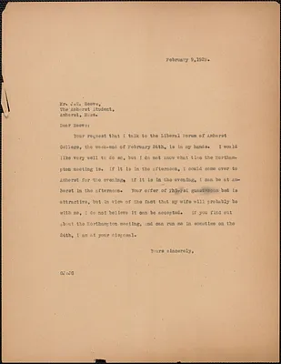 Gardner Jackson typed letter (copy) to J. E. Reeve (The Amherst Student), [Boston, Mass.], February 9, 1929