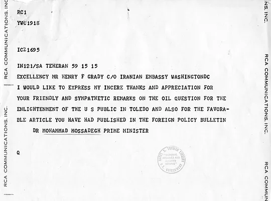 Correspondence from Nasrollah Entezam and Mohammad Mossadegh to Henry Grady