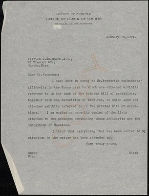 Letter from Robert B. Worthington, Clerk of Courts (Norfolk County) to William G. Thompson