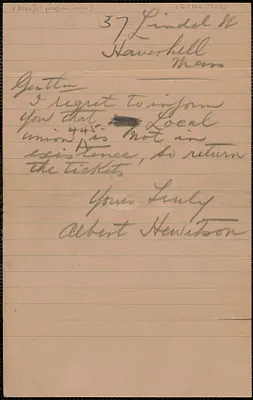 Albert Hewitson autograph note signed to Sacco-Vanzetti Defense Committee, Haverhill, Mass., [Februray 4?, 1924]