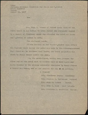 Citizens National Committee for Sacco and Vanzetti press release (copy), Boston, Mass., August 20, 1927