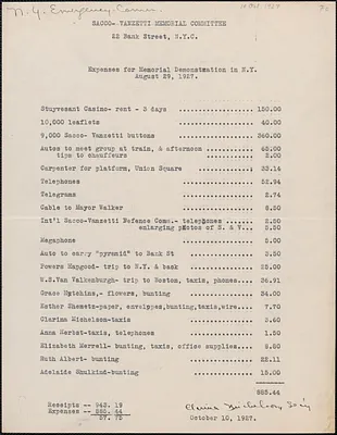 Clarina Michelson (Sacco-Vanzetti Memorial Committee) typed document, New York, N. Y., October 10, 1927 : Expenses for memorial demonstration in N. Y., August 29, 1927