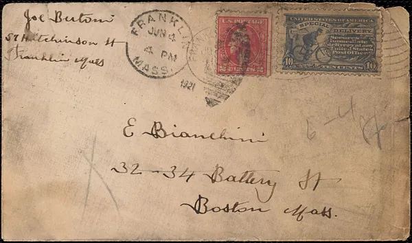 Joe Bertoni autograph letter signed, in Italian, to E. Bianchini, Franklin, Mass., June 4, 1927