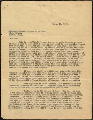 [Creighton J. Hill?] typed letter (copy) to Joseph E. Warner, [Boston, Mass.], March 12, 1930