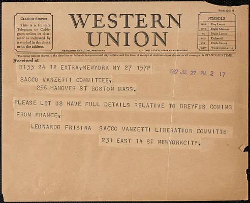Leonardo Frisina (Sacco-Vanzetti Liberation Committee) telegram to Sacco-Vanzetti Defense Committee, New York, N.Y., July 27, 1927