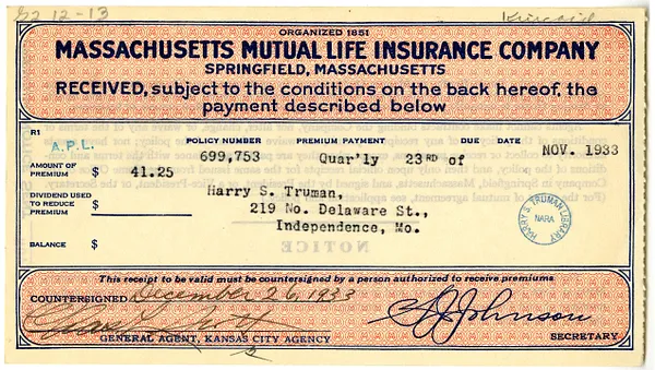 Premium Receipt, Massachusetts Mutual Life Insurance Company