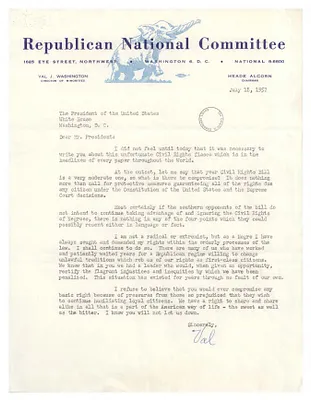 Letter, Val Washington, Republican National Committee, to President Dwight D. Eisenhower