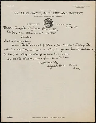 Alfred Baker Lewis (Socialist Party, New England District) autograph note signed to Sacco-Vanzetti Defense Committee, Boston, Mass., April 16, 1927
