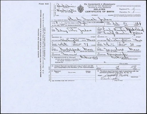 Certificate of Birth, Phoebe Sarah Jordan