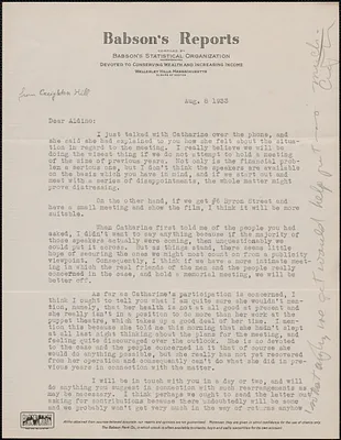 Creighton J. Hill (Babson's Reports) typed letter to Aldino Felicani, Wellesley Hills, Mass., August 8, 1933