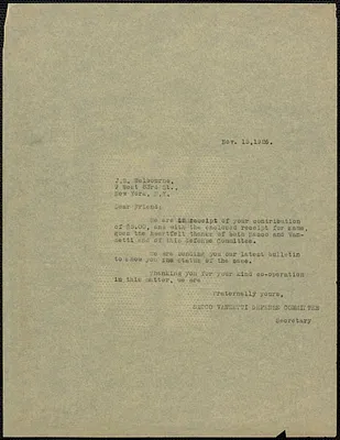 Sacco-Vanzetti Defense Committee typed letter (copy) to J. W. Welbourne, Boston, Mass., November 15, 1926