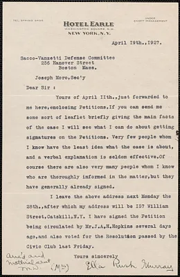 Ella Rush Murray typed note signed to Joseph Moro, New York, N.Y., April 19, 1927