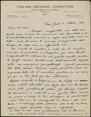 Luigi Quintiliano (Italian Defense Committee) autograph letter signed, in Italian, to Emilio Coda, New York, N.Y., October 13, 1921
