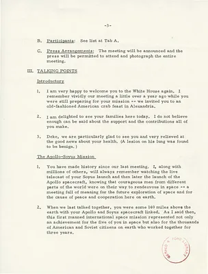Memorandum from Secretary of State Henry Kissinger to President Gerald Ford, Regarding a Meeting with U.S. Astronauts and Soviet Cosmonauts Involved in the Apollo-Soyuz Test Project