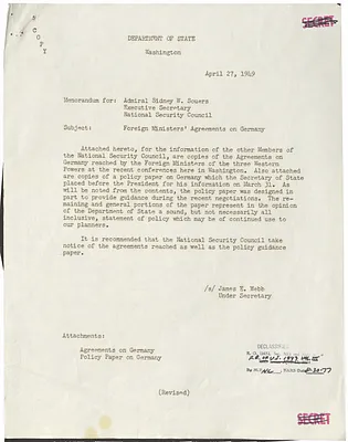 Memorandum from Under Secretary of State James Webb to Sidney Souers with Attachment