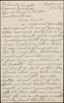 M. O'Sullivan autograph letter signed to Sacco-Vanzetti Defense Committee, Kansas City, Kans., September 27, 1927
