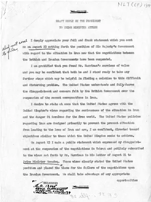 Draft Reply from President Harry S. Truman to Prime Minister Clement Attlee