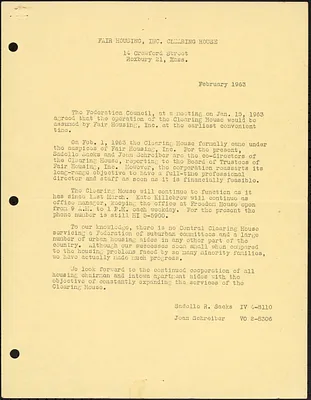 Letter about operation of the Clearing House being assumed by Fair Housing, Inc