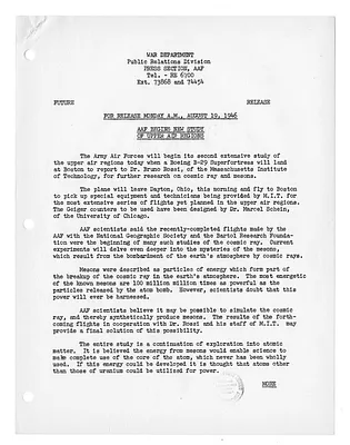 War Department Press Release