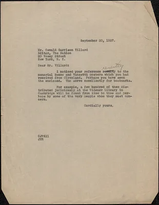Creighton J. Hill typed letter to Oswald Garrison Villard (The Nation), [Newton, Mass.?], September 20, 1927