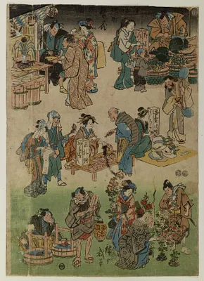 Festival Scene: Fan Seller, Geta Seller, Mum Seller, and Goldfish Seller