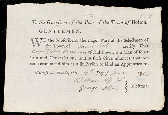 Joseph Cook indentured to apprentice with John Freeman of Sandwich, 17 July 1805